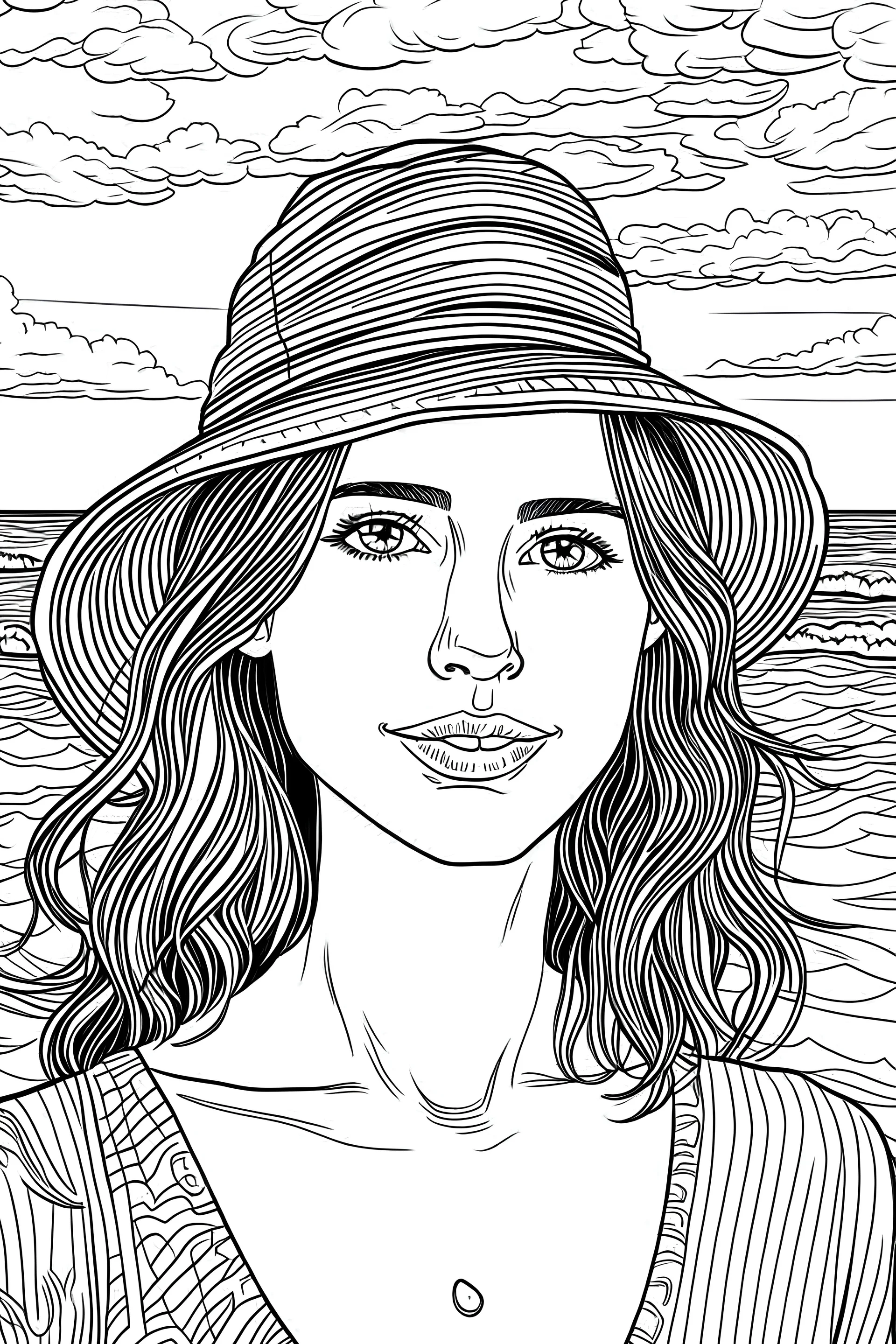 summer beach portrait coloring pages Black ink Illustration