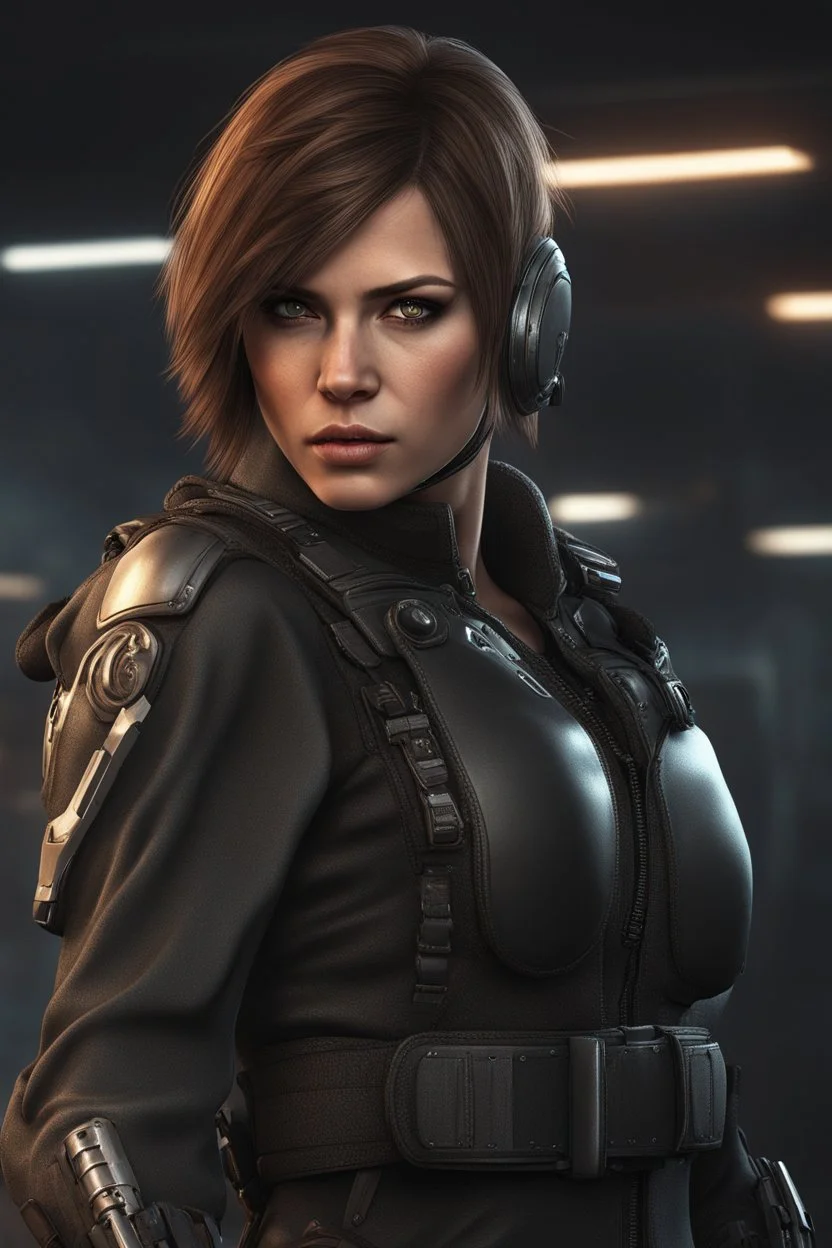 12k wallpaper of Arina- 34 years old woman, mercenery, fierce and stunning, Bobcut brown hair, athletic, wearing black combat clothes in sci-fi world - HDR quality - trending in artstation, ultra realistic, highly detailed neck, highly detailed face