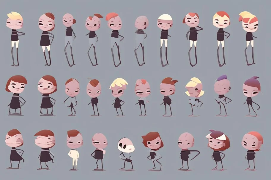 make a bunch of simple cute cartoon characters with bodies arms, and legs I could draw and make them all different