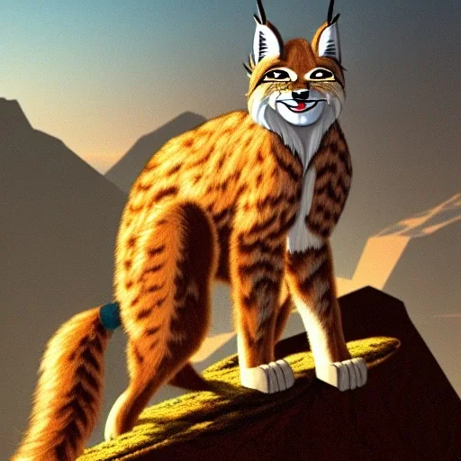 a lynx with golden fur dressed as a man standing on a mountain