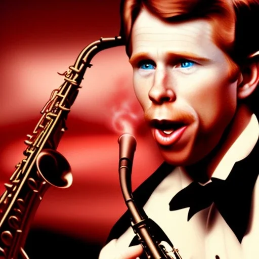 REd-haired ron howard as richie from happy days Is playing the saxophone with his eyes closed, rock band, saxophone lips