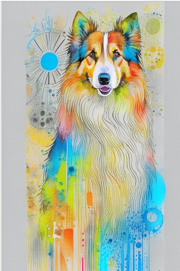 Abstract wet watercolour of a rough collie, ink lines, interlinked circles,detailed focus on eyes