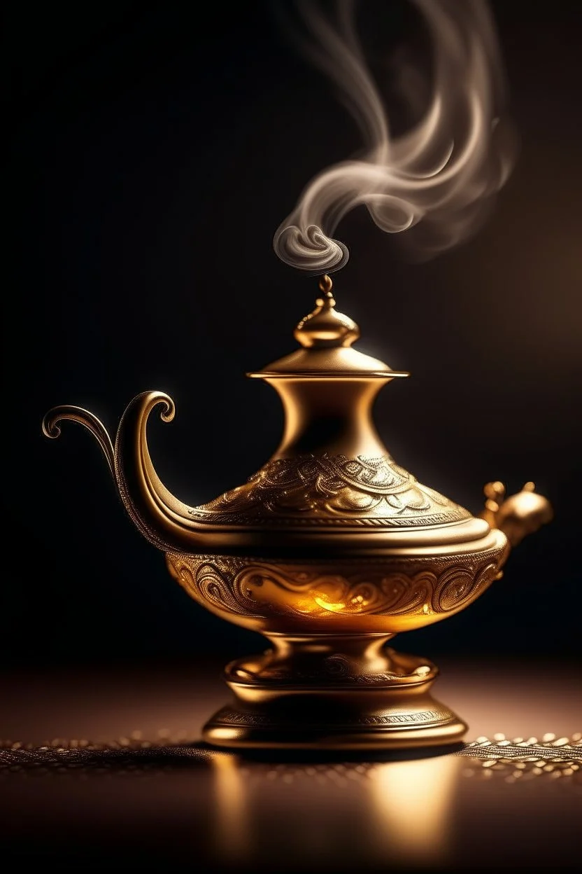 cinematic photo of a stunning Aladdin magic lamp with smoke out of it