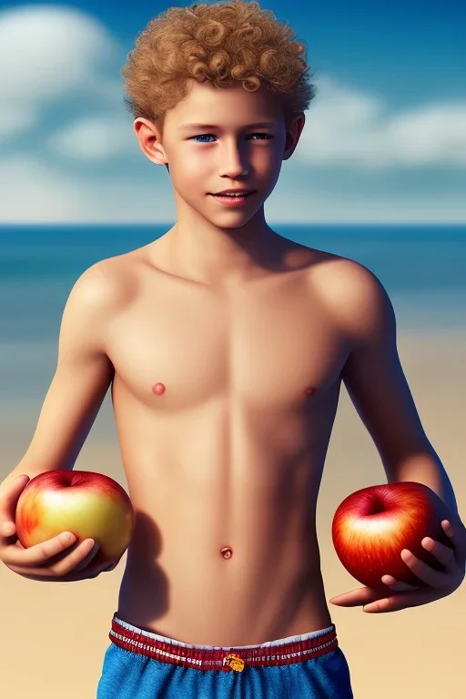 full body image of a beautiful 12 year old boy with shoulder long, blonde curly hair and light blue eyes, smiling, shirtless, holding a red apple in his hand, in front of an distant beach, photorealistic