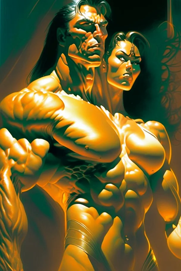 bodybuilder woman and man, Intense, Dramatic Lighting, Futuristic, Muscular, Athletic, Dynamic, sweat glistening, Intricate details, Digital illustration, energetic, High contrast, art by boris vallejo and greg rutkowski