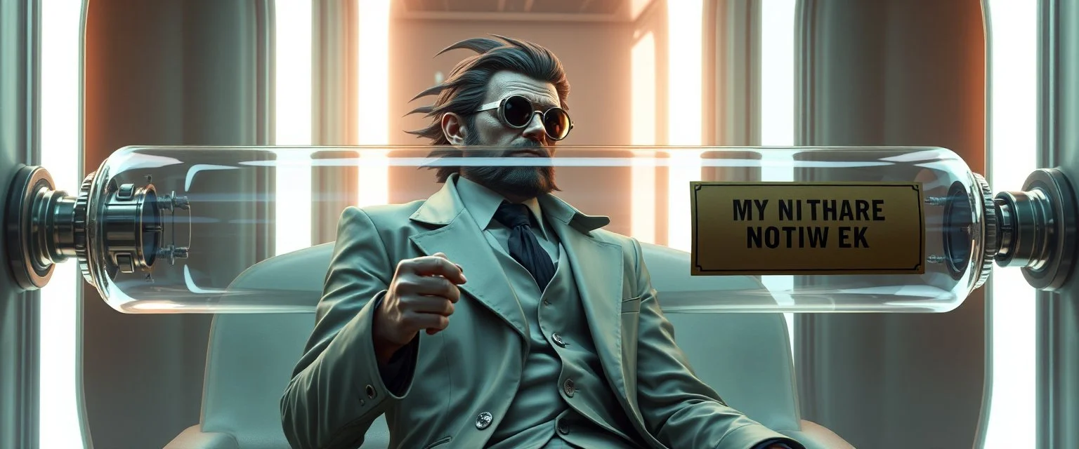 airbrush 3d rendering, mafia Doctor Vex is now officially in stasis. No experiments. No clones. No accidental galaxy-ending breakthroughs. Just a big glass tube with a sign: DO NOT WAKE — PHOTOSHOOT PENDING :)