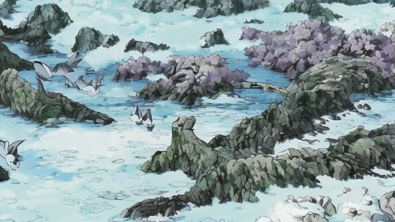 This area is a graveyard where creatures that have died from extreme cold. Each creature is encased in a thick coat of ice, preserving its remains.