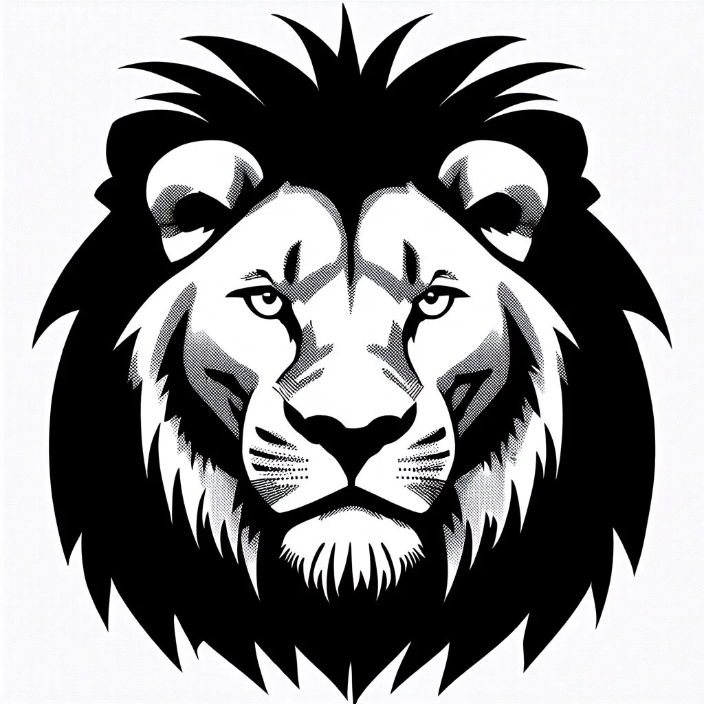 front facing lions face, black and white simplified vector logo
