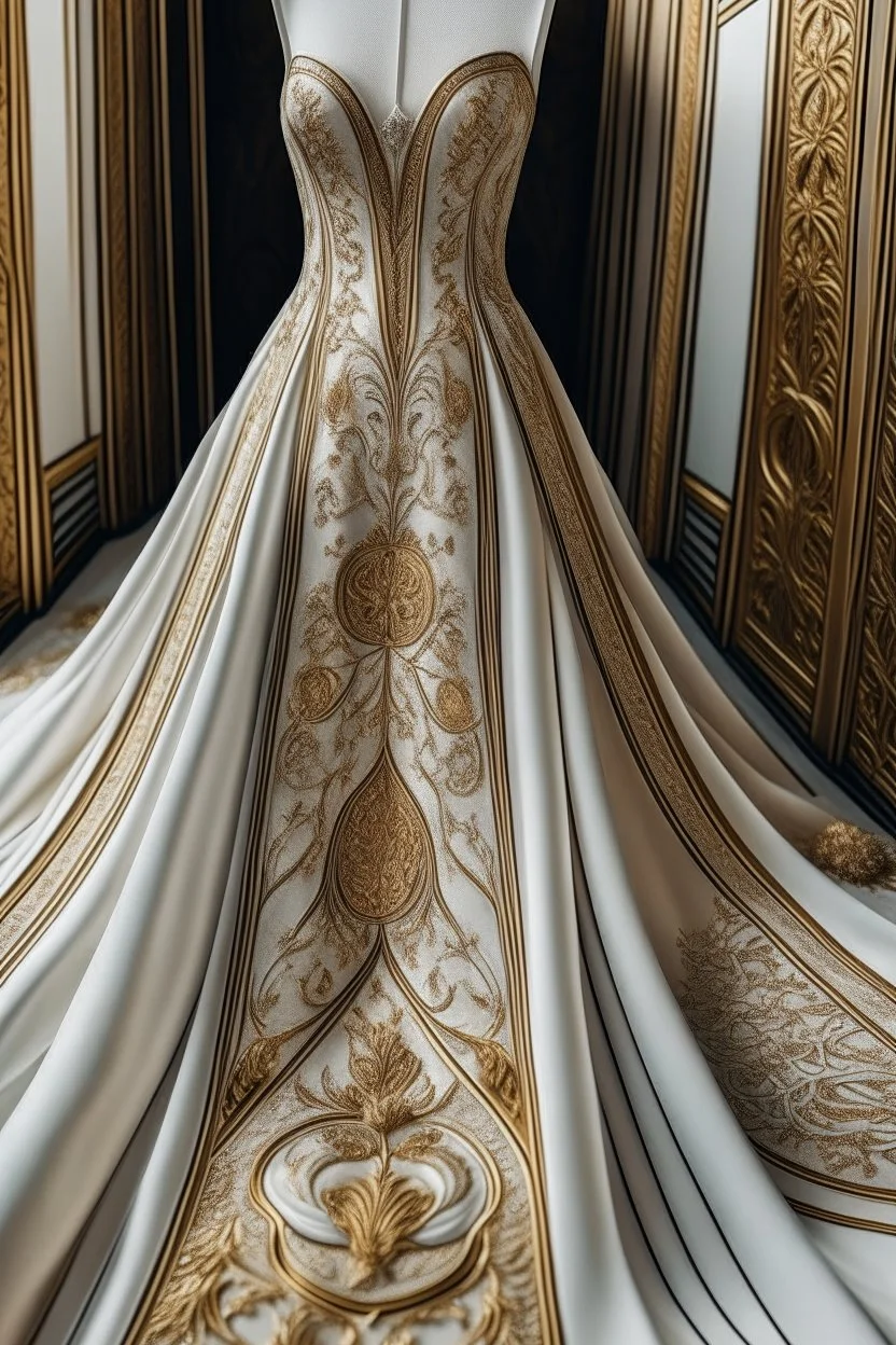 A very luxurious white wedding dress exposed from above made of leather engraved with very long white gold