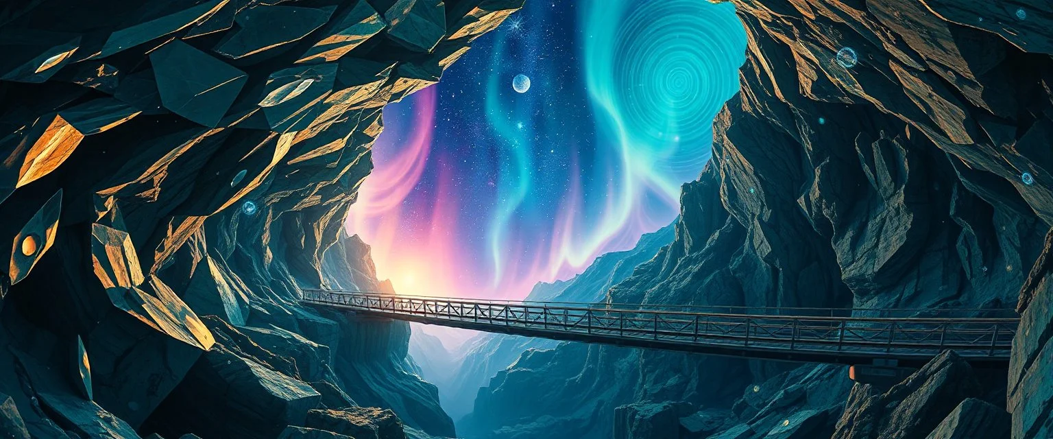 pin hole cam, master oil painting by Rembrandt, realistic rendering Crystalline Caverns Icon: Jagged crystal Visual: Kaleidoscopic reflections Music: Soulful vocals + electronica pads Aurora: Crystal-glow pulses Skybridge of Echoes Icon: Floating bridge with rune arch Visual: Abyss below, bridges floating Music: Funk bass intensifies, sync with steps Aurora: Arched ribbons, pulsating Celestial Convergence Icon: Cluster of all runes Visual: Cosmic plateau, swirling glyphs Music: Full
