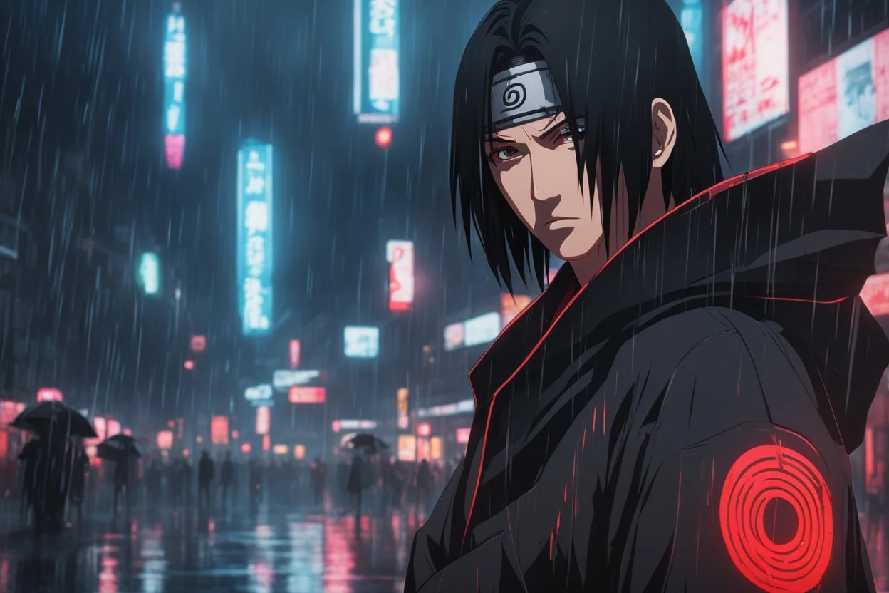 Itachi in 8k anime cgi artstyle, crow them, neon effect, close picture, rain, apocalypse, intricate details, highly detailed, high details, detailed portrait, masterpiece,ultra detailed, ultra quality