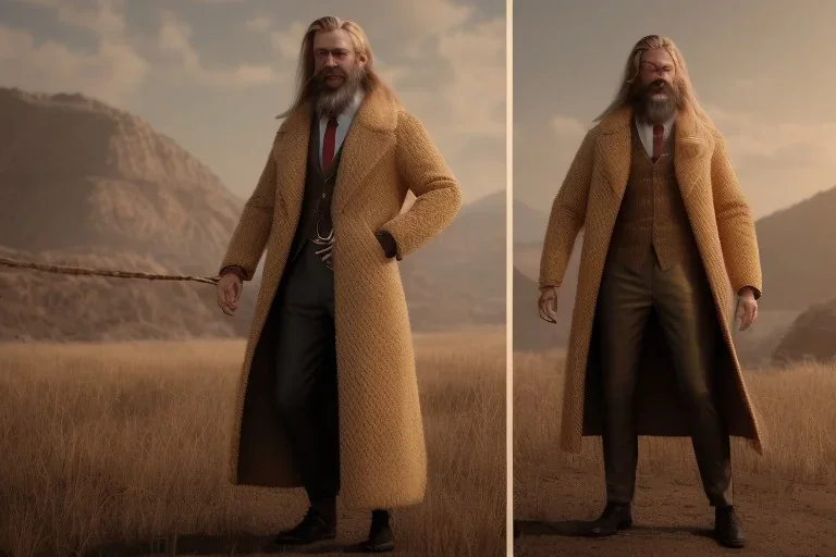 Blonde braided long haired bearded tall man wearing gold rings and long fur trimmed merchant's coat, dark background, dynamic lighting, full body character design, golden glowing eyes