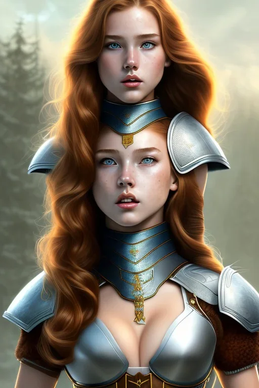 concept illustration, super-detailed, strikingly beautiful teen female, 16 years old, long ginger hair, medium freckles, full lips, full body, full face, b-cup breasts, athletic, centred camera, ignore NSFW, skimpy brown fantasy leather armor, halter top, micro thong, knee-high leather boots, open leather tasset, stern expression,