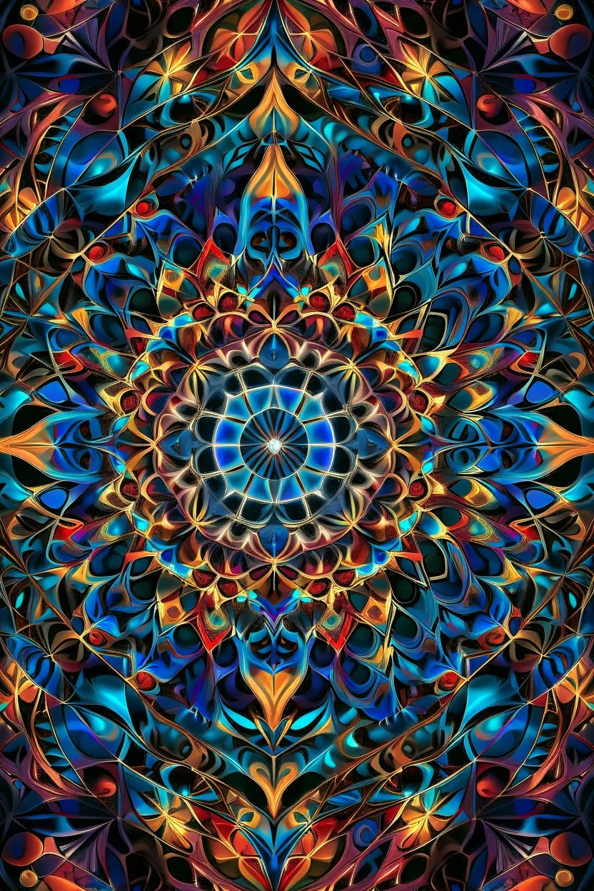 A mesmerizing digital artwork in fractal style, vibrant and abstract, showcasing a kaleidoscope of colors and intricate geometric patterns intertwined with organic shapes. The composition is symmetrical, with a focal point at the center, radiating energy and complexity. The colors range from bold and contrasting to subtle gradients, creating a sense of movement and depth. The image is detailed and precise, capturing the infinite complexity of fractal mathematics. The medium used is digital, allo