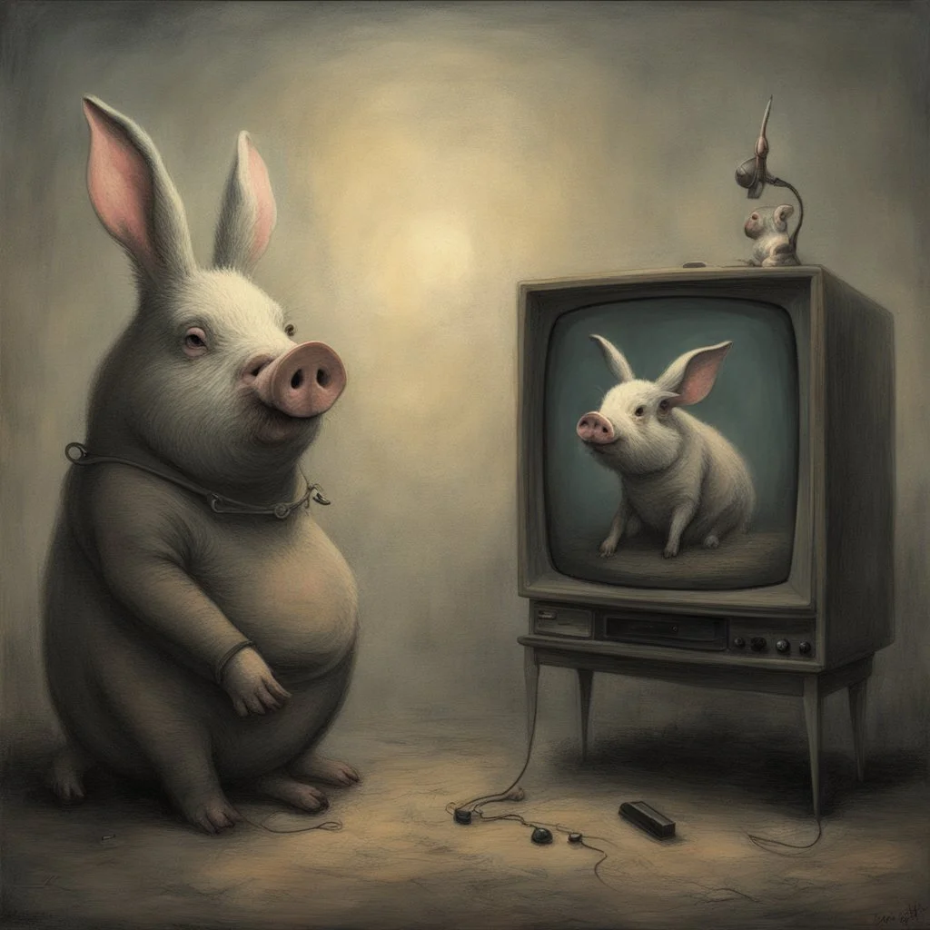 pig watching a tv with a rabbit playing music beksinski style