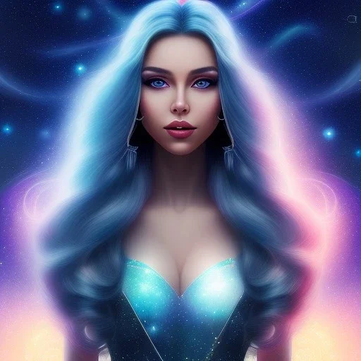 beautiful woman with long hair and smile look the stars and northern aurora blue turquoise lights, blue, pink,