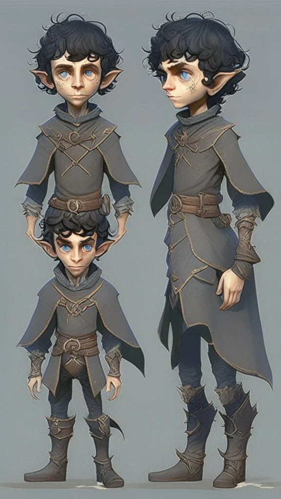 turnaround character of a boy elf, he has curly, black hair and sharp cheekbones. His eyes are black. pale skin. He wears fantasy medieval clothes. full body with boots