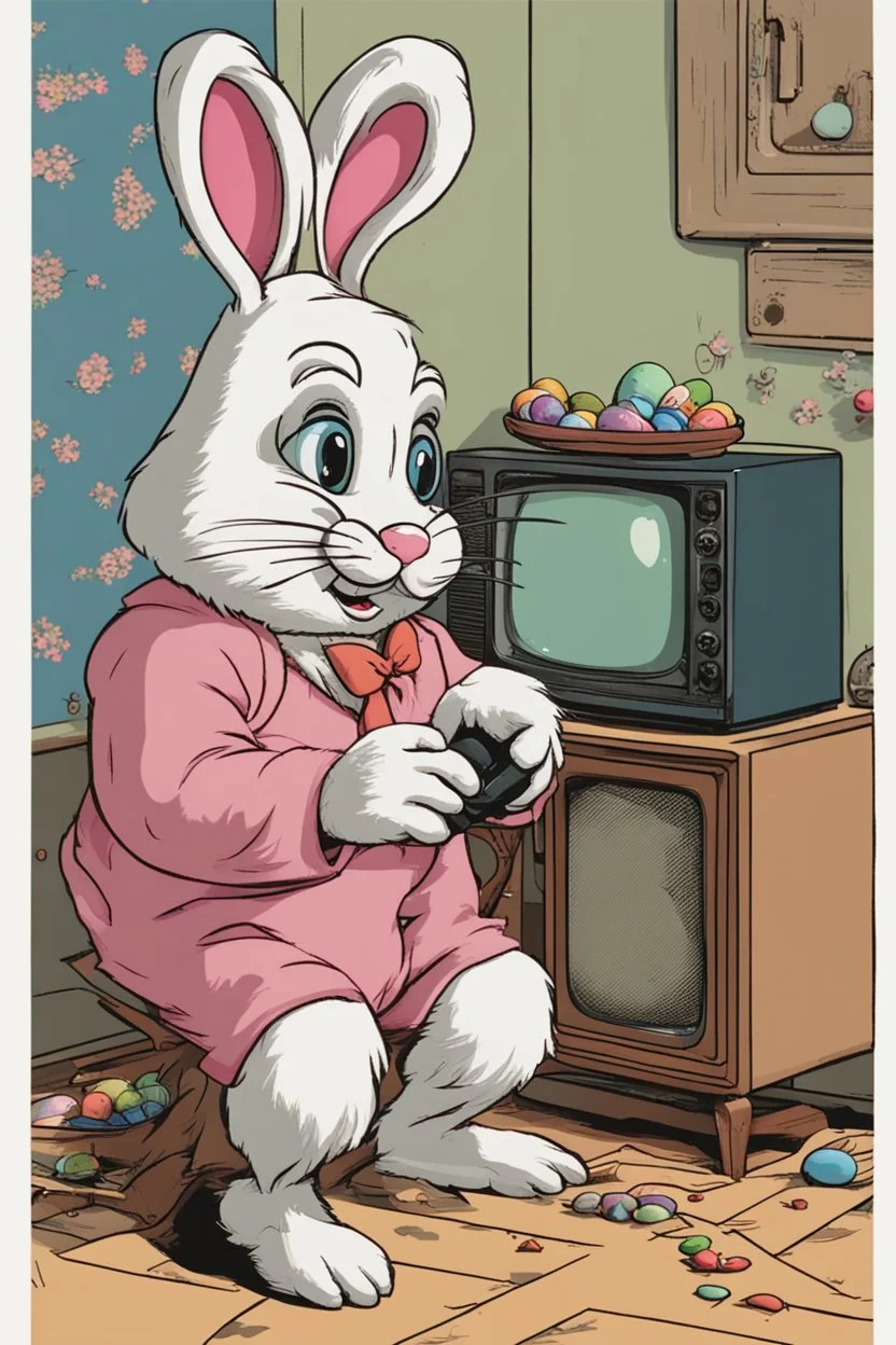 The easter bunny playing a video game in front of an old tv set