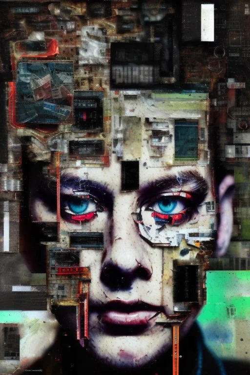 Ultra detailed medium portrait painting of close-up disturbed person looking into the camera lens , torn up collage of clippings, broken circuitry background, matrix effects, punk visual art, punk art aesthetic, graffiti art, pop surrealism, collage art, cluttered paint glitches