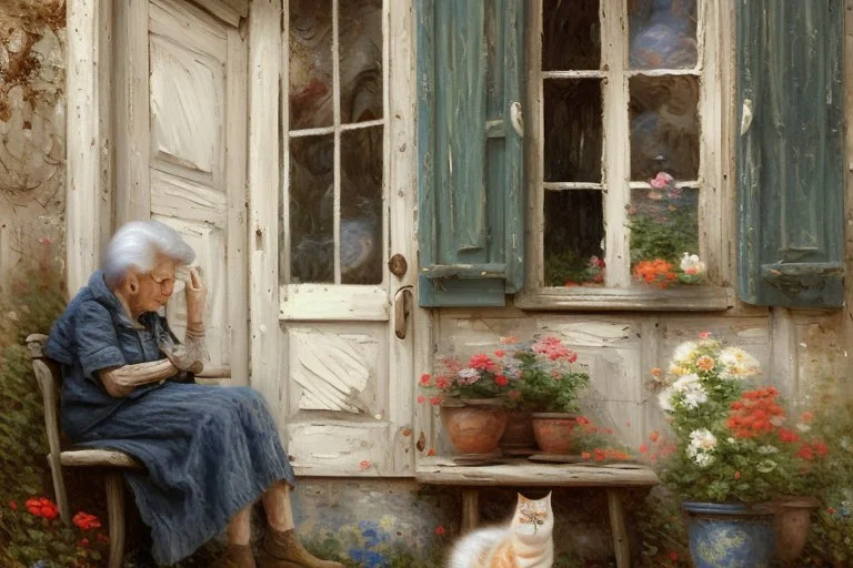 oil on roughened canvas, Textured Scumbling Technique, loose unstructured, Monet brush strokes. vintage feel. Old wooden Open housedoor with peeling paint, window next to door. An old woman with a curled sleeping cat beside her is sitting on an old tatty wooden bench. flowers, and pots. scruffy rundown pop hue of red