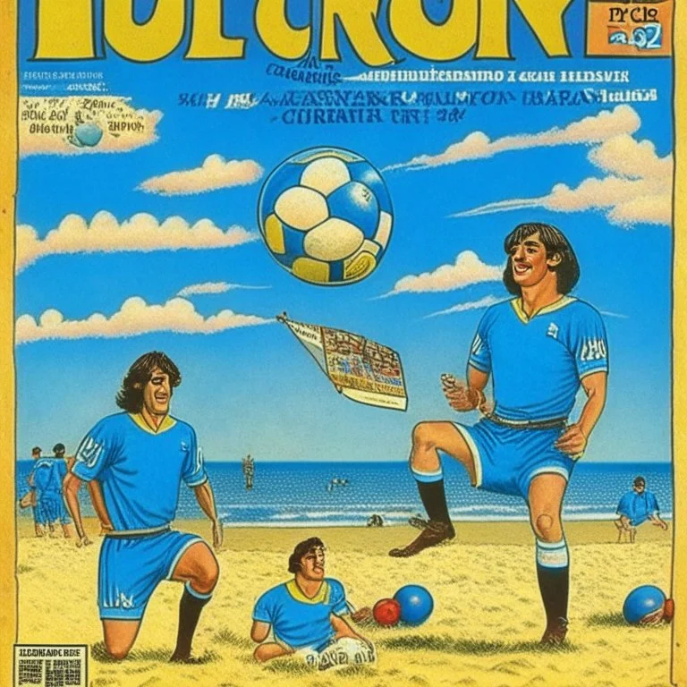 A 1980 medieval london comic cover of uruguayan sky-blue football magazine. At the beach Monty Pyton.