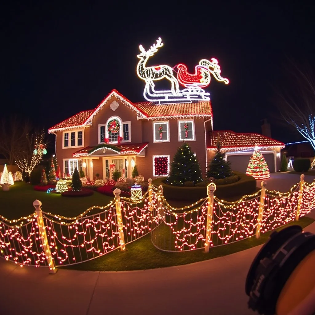 photograph taken by a gopro camera of a large suburban house and landscaping and fence with an insanely detailed Christmas light display lit up at night. Christmas lights on everything, Santa's sleigh and reindeer on roof all lit up with individual christmas lights, christmas light on everything to an unbelievable degree, 100,000 individual lights, ridiculous and impossible amount of lights, can be seen from space