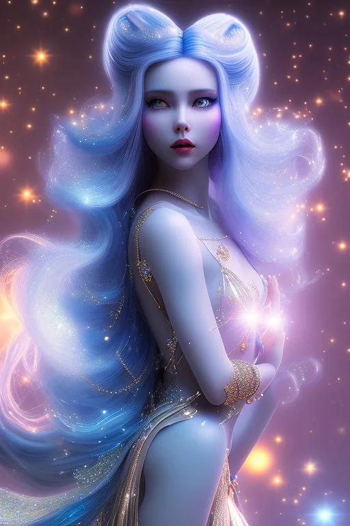 woman glitter blue fairy in a galactic ambiance, long blue hair, detailed gorgeous smile, delicate colors in the foreground, full of details, smooth, light effect，vaporwave colorful, smooth, extremely sharp detail, finely tuned detail, ultra high definition, 8 k, unreal engine 5, ultra sharpBeautyful smiling young woman, long hair amazing blue eyes, flowers, happy cosmic, bright colors, blue, pink, gold, jewels, realistic, photo real, clear sunny background, highly detailed, high contrast, 8k 