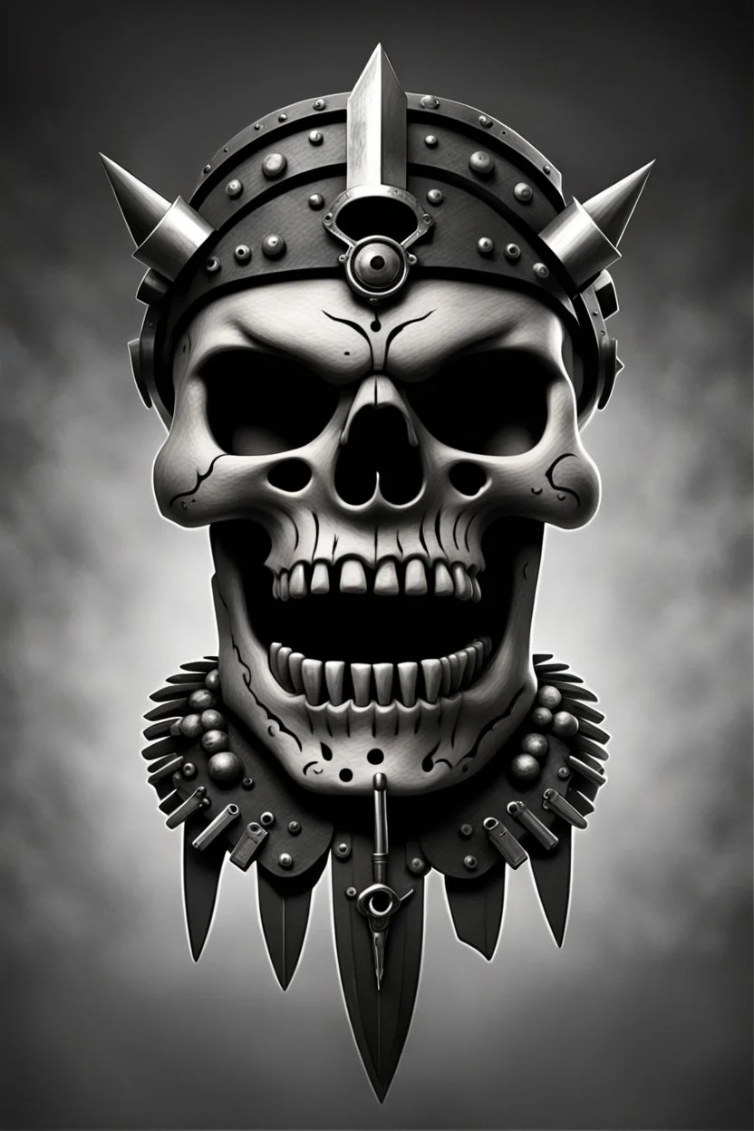 A gritty, heavy metal-inspired of a Roman centurion's skull, pierced with darts, symbolizing strength and defiance. Pixar Style