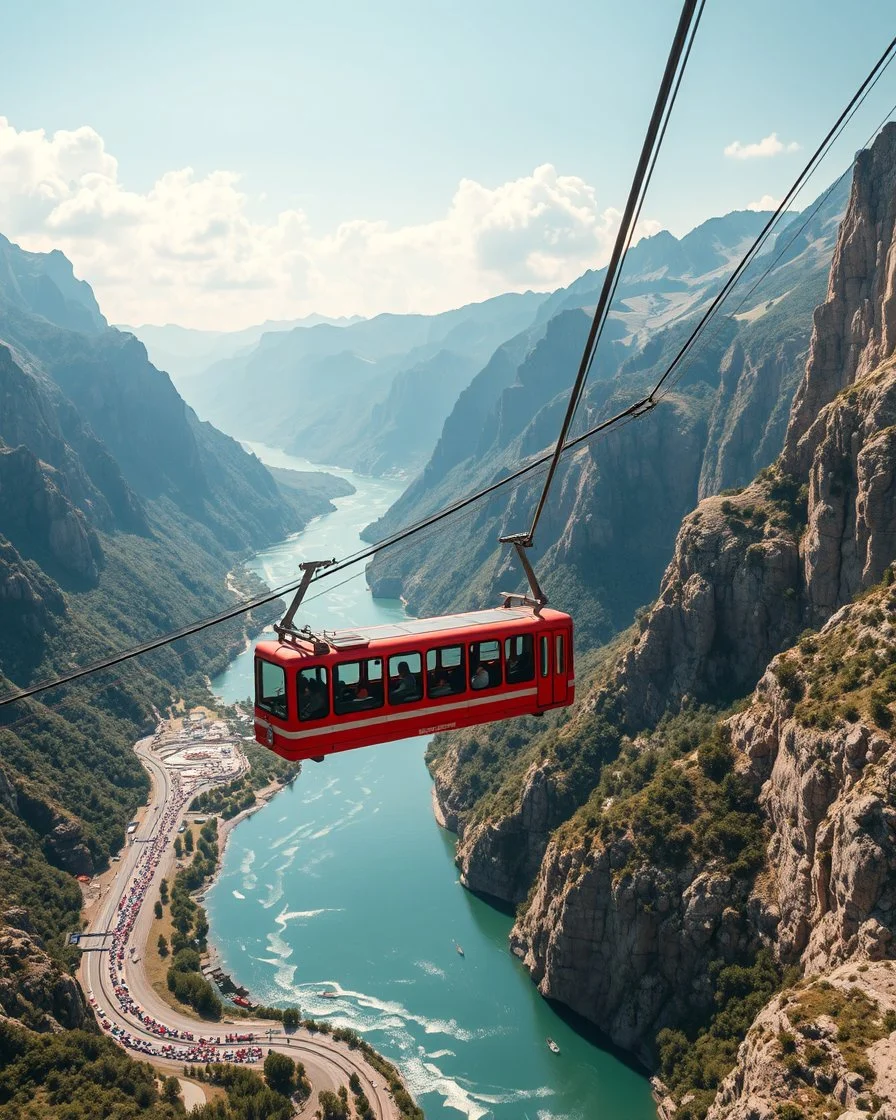 Long distance view Realistic Photography Panoramic style mini sky train, rides in stunning river and mountain landscape, mountain gorge, bright color palette, high detail, perfect composition, cinematic shot, intricate details, hyperdetail