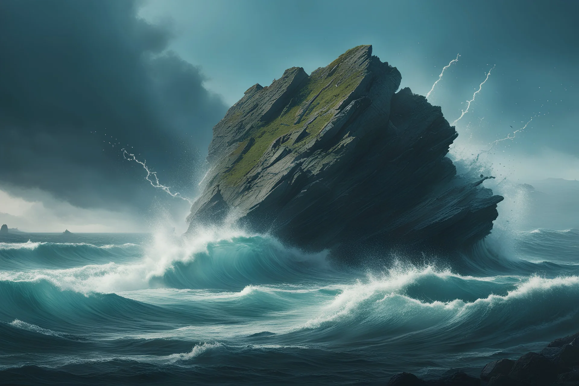 Massive rock crashing into the ocean, high detail, realistic, dynamic water splash, cinematic, epic composition, monochrome, intense lighting, digital painting by Aaron Blaise and Simon Stålenhag, trending on artstation, 4k resolution