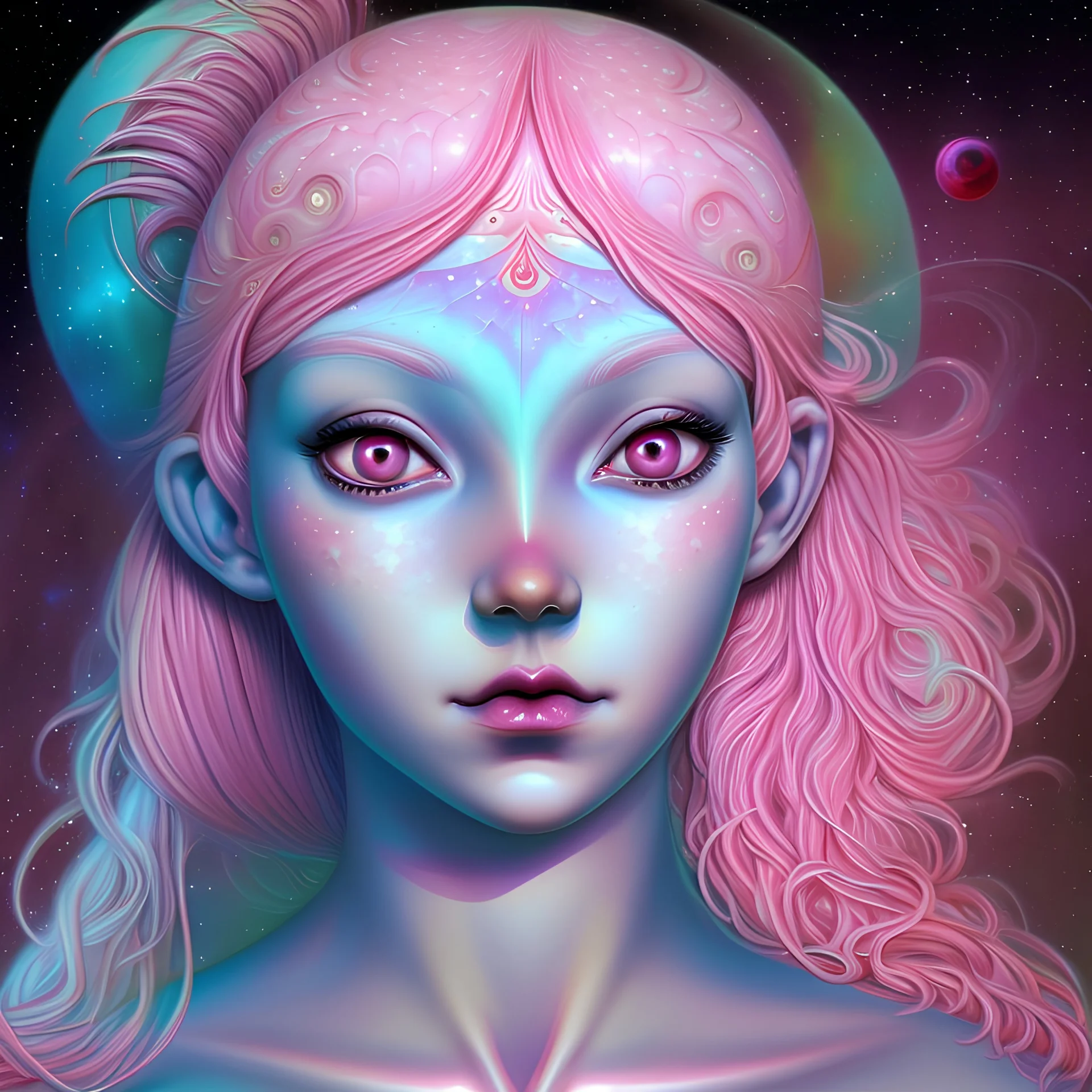 cosmic girl with a third eye in the middle of her forehead and pink hair, detailed, fractal