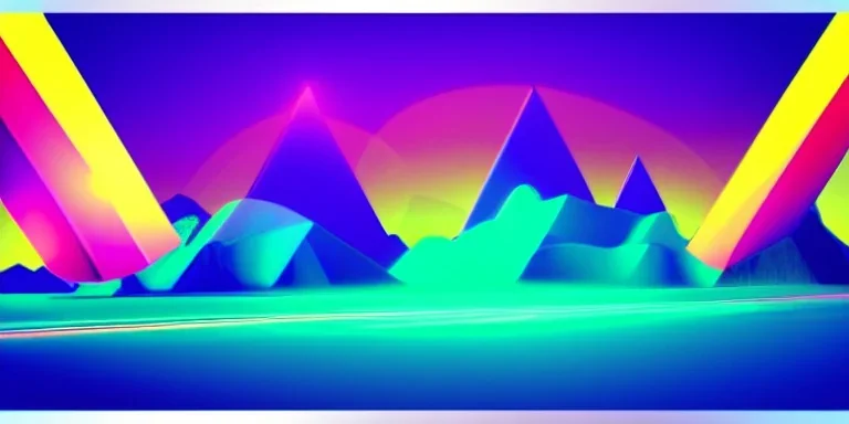 3d rendering. Abstract futuristic neon background. Fantastic landscape with glowing geometric triangular frame and mountains