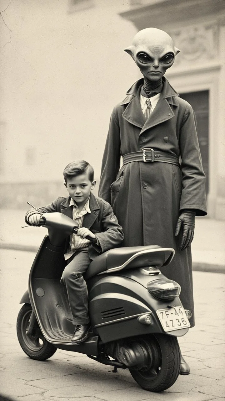 An old picture style of black and white mono very bad quality looks very old camera picture with cracks of a boy on scooter dressed like student standing beside an Alien creature that is dressed like a man , year 1900