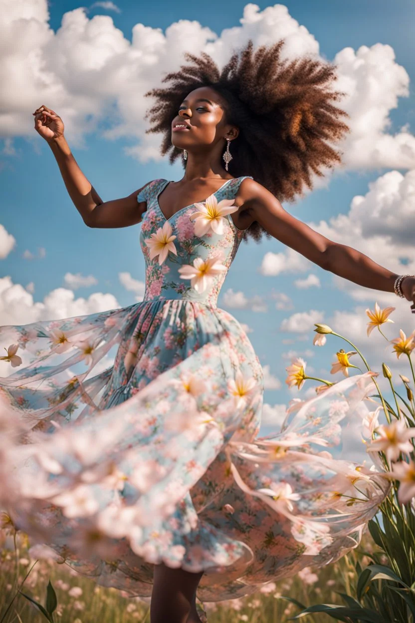 The camera zooms in, focusing sharply on young black girl Lily wearing pretty dress as she dances gracefully in the same romantic environment with flowers and sky with nice clouds. Her joy and youth are presented against the backdrop of the surreal surroundings.