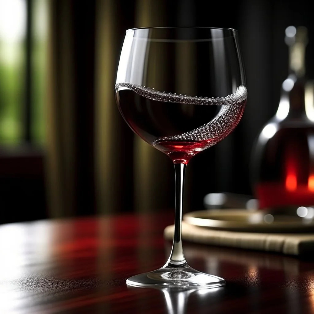 Design an intriguing scene where a wine glass is elegantly bending, as if it's made of a flexible material, while red wine flows gracefully from it, ultimately pouring onto the ground. The wine should form an artistic and captivating pattern as it cascades downward. Ensure that the visual captures the unique and captivating moment of the flexible glass and the flowing wine, making it a focal point of the scene