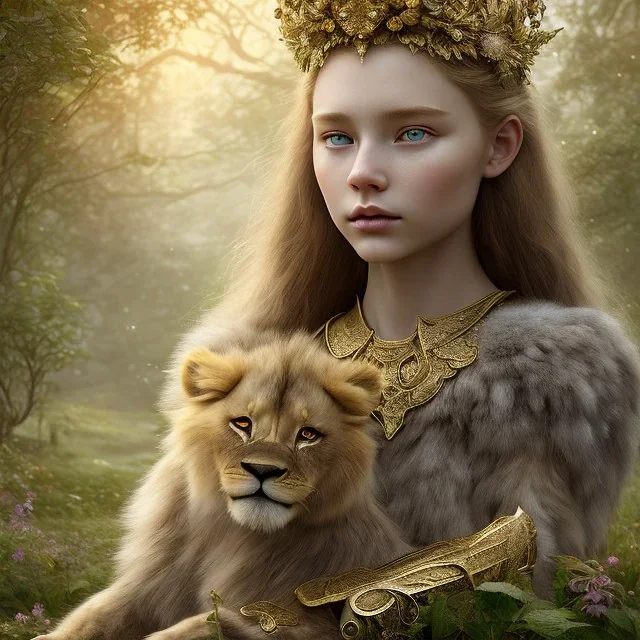 Young beautiful girl wearing floral crown next to a majestic, stunning lion on nature forest path, Chronicles of Narnia, 8k resolution, high-quality, fine-detail, iridescent, intricate, digital art, detailed matte, volumetric lighting, beautiful, illustration, 3D octane render, brian froud, howard lyon, selina french, anna dittmann, annie stokes, lisa parker, greg rutowski,