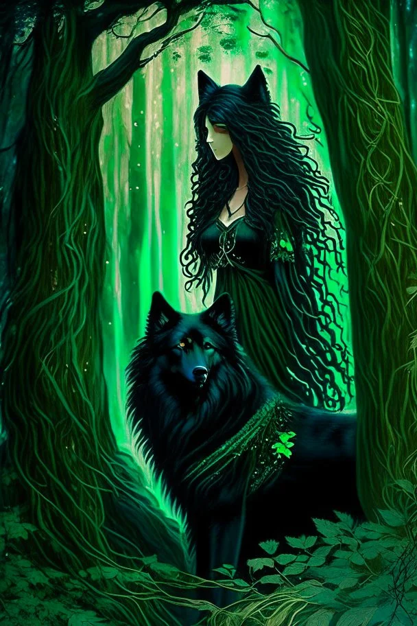 In the heart of a dense and enigmatic forest with towering ancient trees cloaked in emerald foliage stood a bewitching sorceress possessing an ethereal allure her lustrous hair cascading in ebony waves down to her slender waist that turns into roots In the background a faithful companion a majestic canine of Belgian shepherd lineage roamed at her side its eyes illuminated by an otherworldly crimson glow exuding an aura both mysterious and demonic