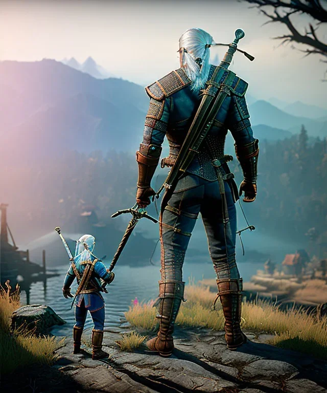 The Witcher, Geralt of rivia toddler, full body, dramatic lighting, Wes Anderson style, hyper realistic, unreal engine 5