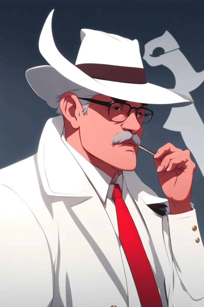 An old male crimson red demon wearing a white and gold police comisioner outfit, he is also wearing glasses, he has a white scruffy mustache, and a small black fedora.