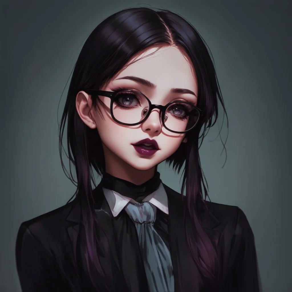 a pretty 18 year old girl, goth aesthetic, glasses, digital art, stylised
