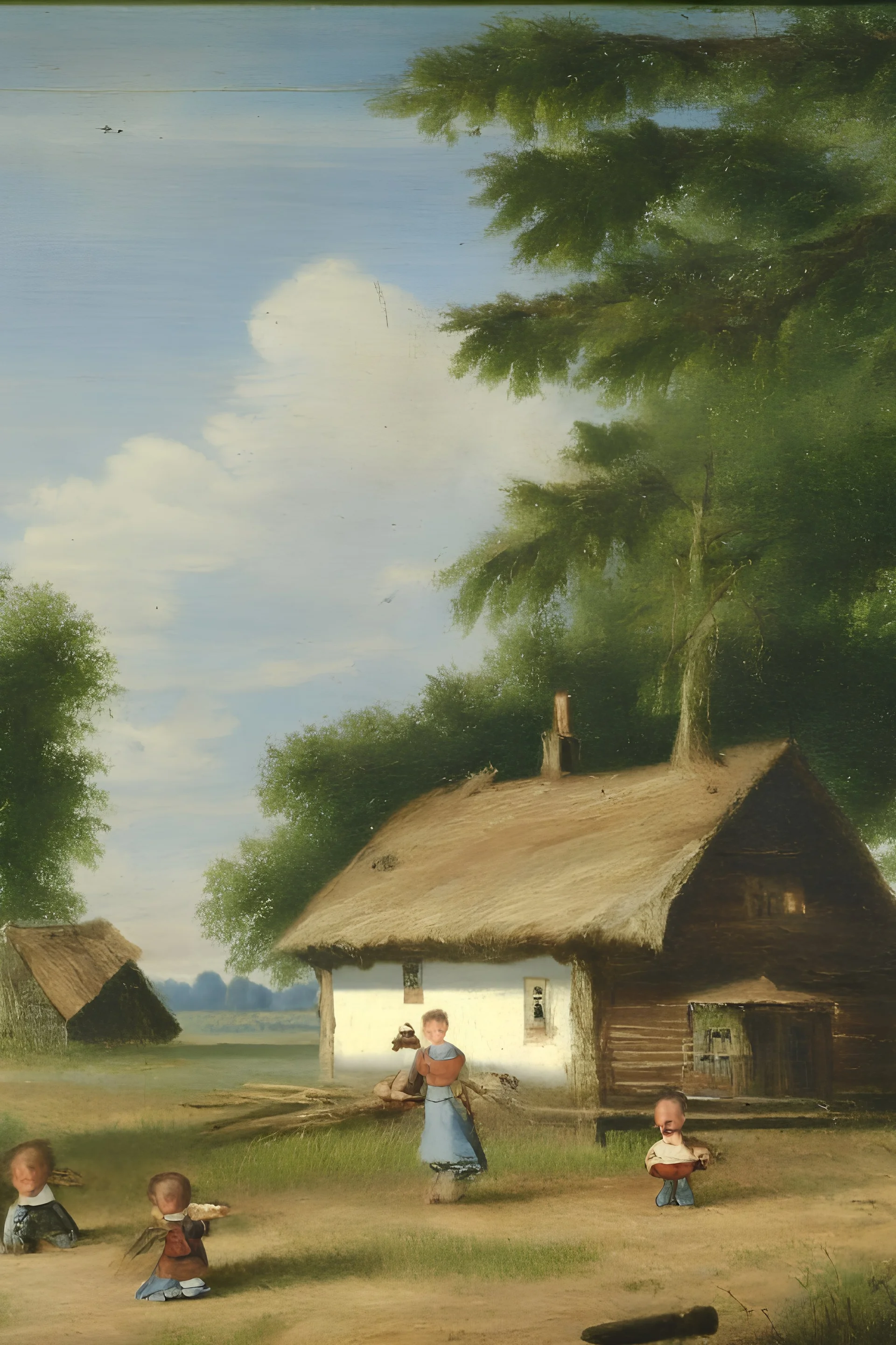 paysage avec une maison de bois et enfants jouant