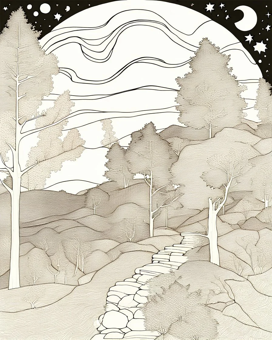 Autumn colors, peaceful, Egon Schiele, Max Ernst, night sky filled with galaxies and stars, rocks, trees, flowers, one-line drawing, sharp focus, 8k, deep 3d field, intricate, ornate, one million strokes