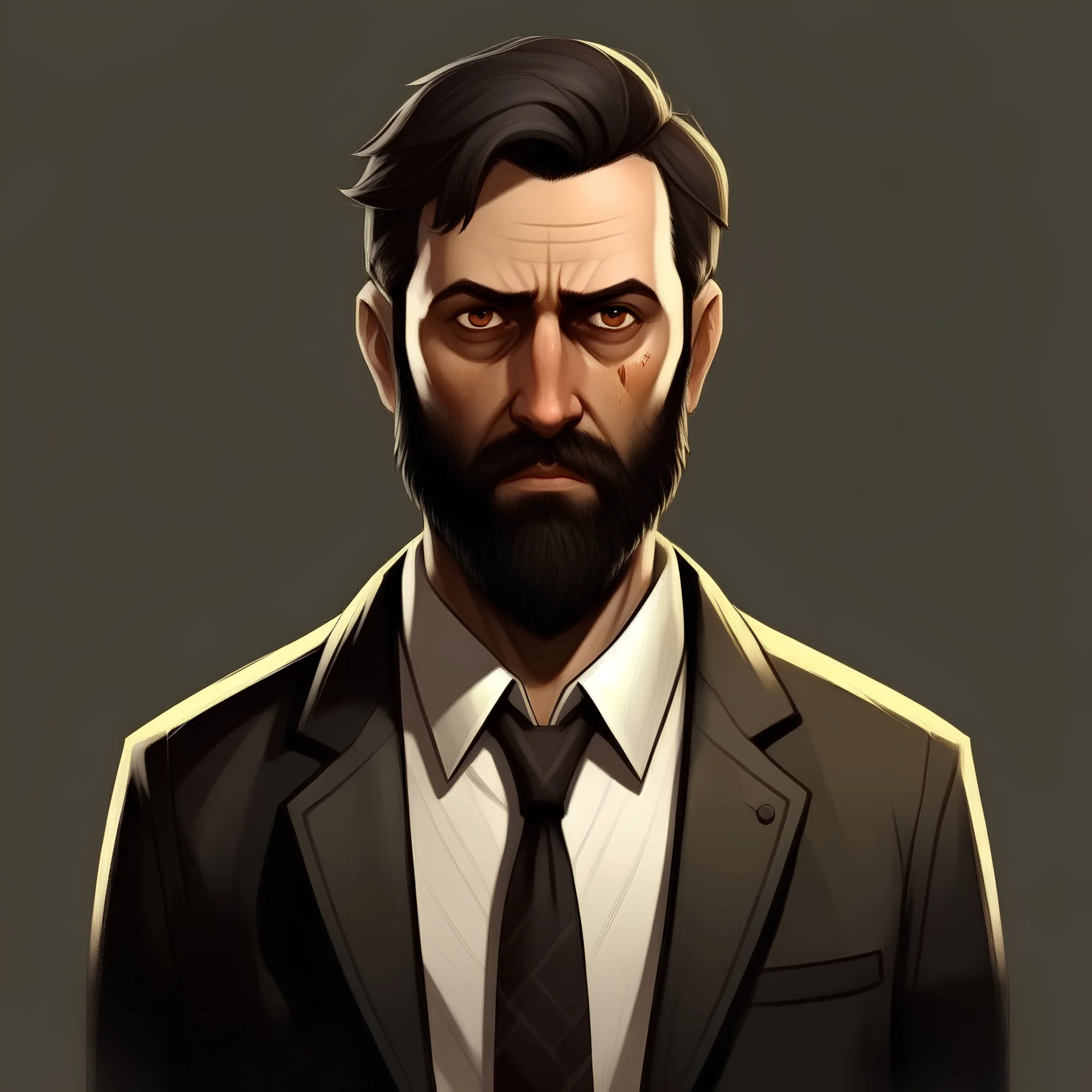 create an arab male character based on john constantine, fatter, older, dark brown short hair and long beard, flat background, no jacket and black tie, larger jaw, realistic