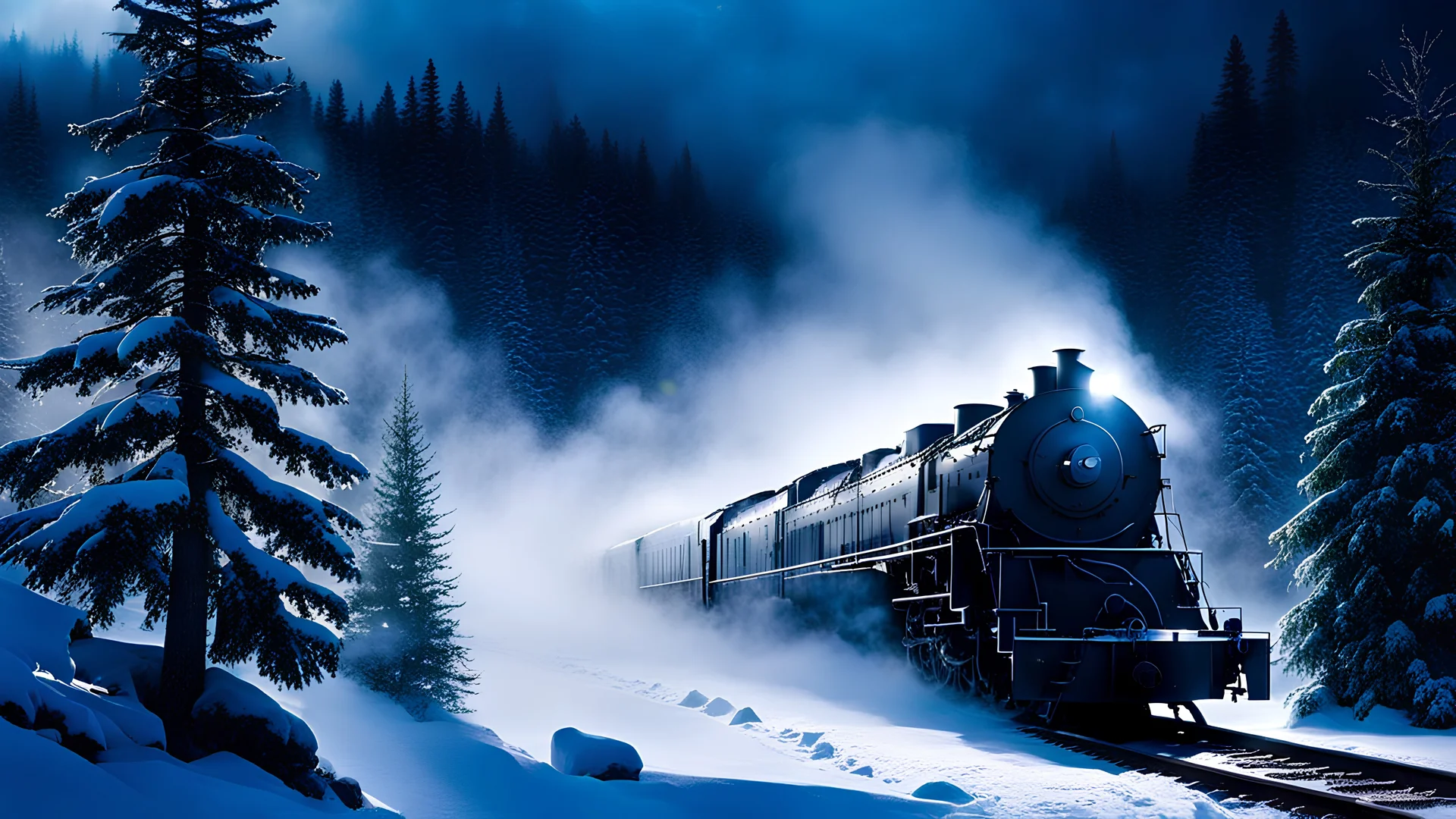 polar express train,steam,fir forrest scenery, heavy mist,mist shadows,valley,creek,forest,,tree,,nature,night,snow,fir tree,night,holy night