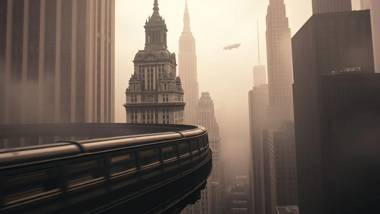 A dramatic, high-angle, black and white cinematic shot of a vintage elevated train, blurred with motion, curving around an ornate, historical skyscraper in a foggy, sepia-toned cityscape. The architecture is detailed and imposing, with many windows and decorative elements. In the distance, other skyscrapers rise through the mist, and a blimp is visible in the sky, evoking a sense of early 20th-century urban grandeur and a touch of retro-futurism. The lighting is moody and atmospheric, with a str