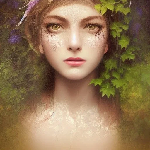 Portrait of beautiful girl, face dept of field,face shining, plant, metal, feathers,central weight average, CWA Dryad, fae, sidhe, ominous, nature, plants, wildflower sparkle,wildflower 3d view, facepaint, dnd character portrait, intricate, oil on canvas, masterpiece, expert, insanely detailed, 4k resolution, retroanime style, cute big circular reflective eyes, cinematic smooth, intricate detail , soft smooth lighting, soft pastel colors, painted Renaissance style,sharp fucus, bokeh,macro lens,