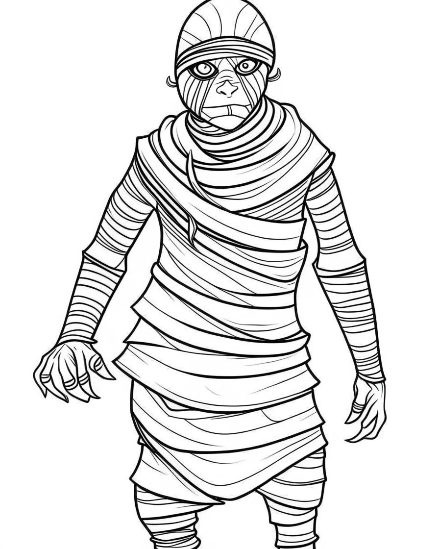 outline art for halloween coloring pages for kids with mummy , white background, Sketch style, full body, only use outline, clean line art, white background, no shadows and clear and well outlined, coloring page for kids,