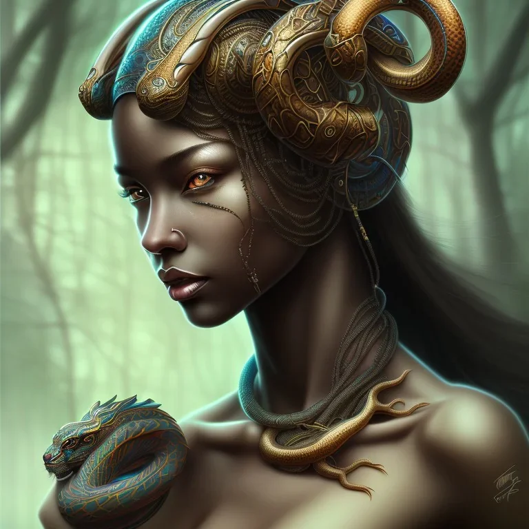 sango fantasy, fantasy magic, intricate, sharp focus, illustration, highly detailed, digital painting, concept art, matte, masterpiece snake head sexy lady body black African beauty tiger wearing African head band