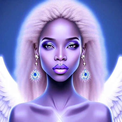 portrait of a beautiful somalian woman with an angel face smiling,long blond hair, blue eyes, pink and blue dress, jewels, soft light aura