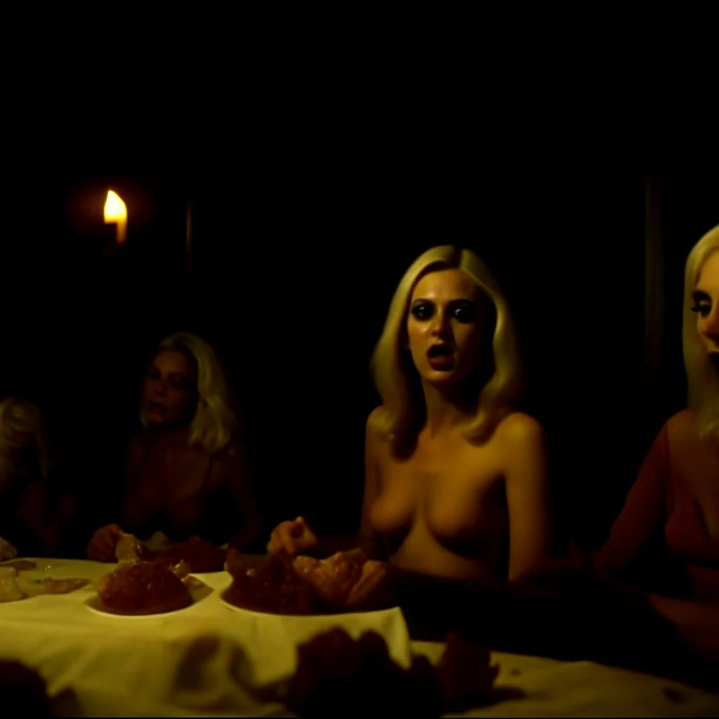 Horror movie shot, spooky, hot, ultra realistic hot dine, ultra realistic hot blonde women, party, pieces of meat, organs, ail, dynamic, very excited people, hypermaximalist figures, light, 1970's Italian horror movie, sinister,, Dario Argento, Stanley Kubrik, ornate, 4k, photorealism